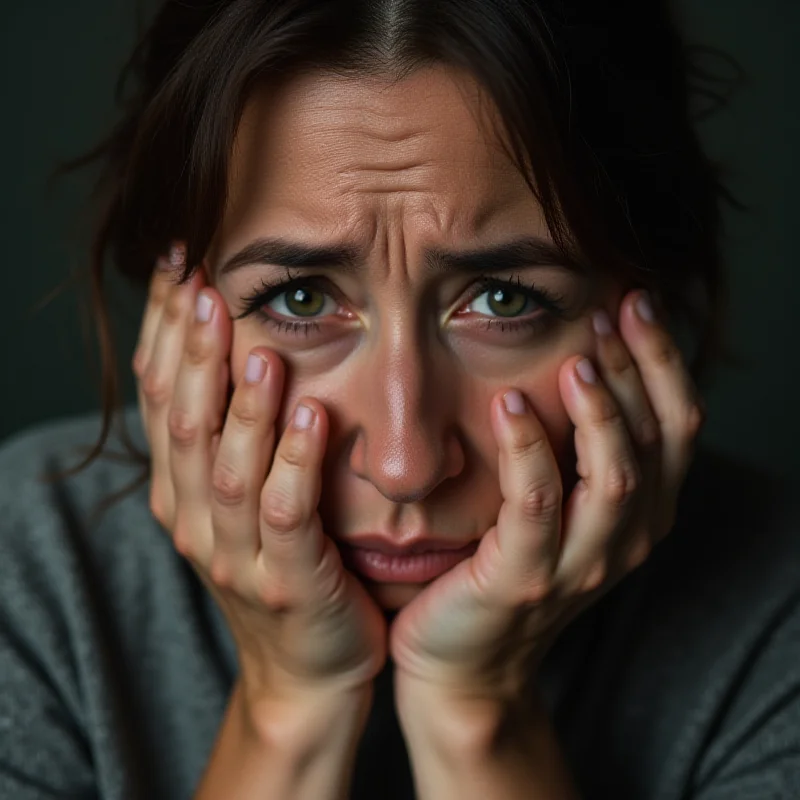 A woman looking distraught with hands covering her face