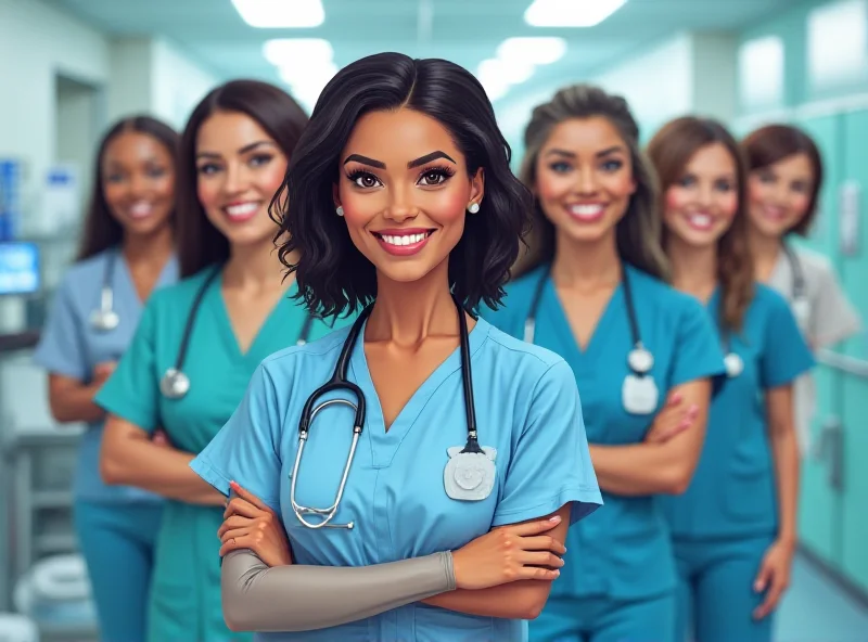 Illustration of diverse women in medical scrubs standing confidently in a hospital hallway.