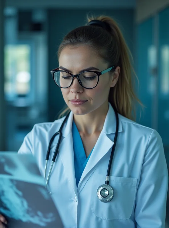 Close-up shot of a female doctor examining an x-ray with a concerned but focused expression.