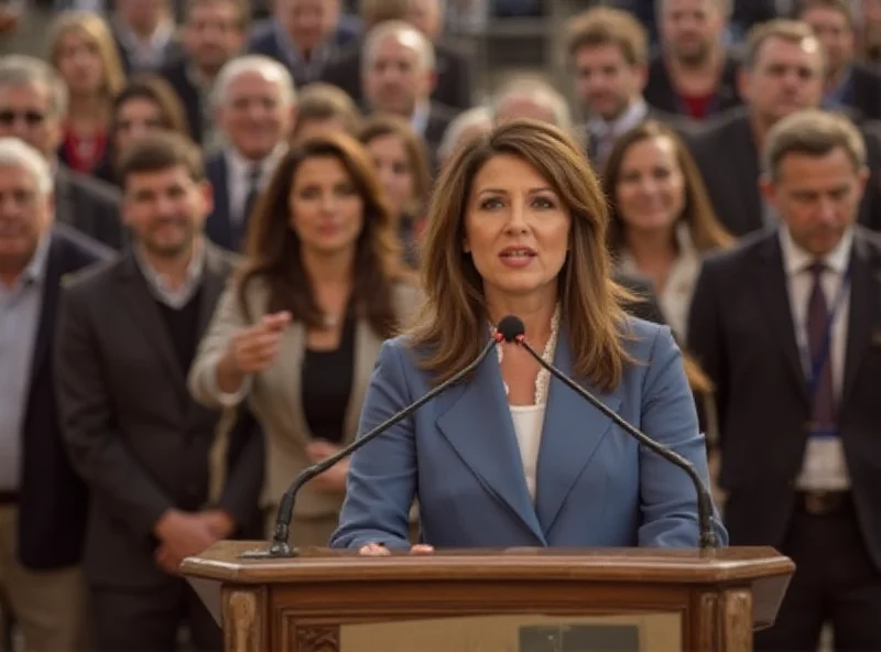 Isabel Diaz Ayuso speaking at a podium with a microphone and a crowd of people in the background.