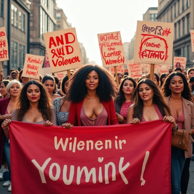 A diverse group of women marching in a protest, holding signs and banners advocating for women's rights.