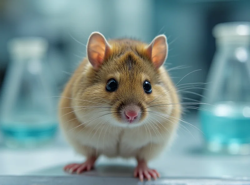 A close-up of a small, light brown mouse with unusually thick and fluffy fur, standing on a lab bench with scientific equipment visible in the blurred background.