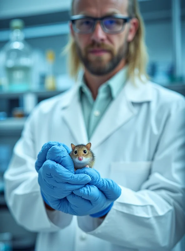 A scientist in a lab coat holding a small, woolly mouse in their gloved hands. Beakers, test tubes, and other scientific equipment are visible in the background, creating a sense of a modern and high-tech laboratory environment.