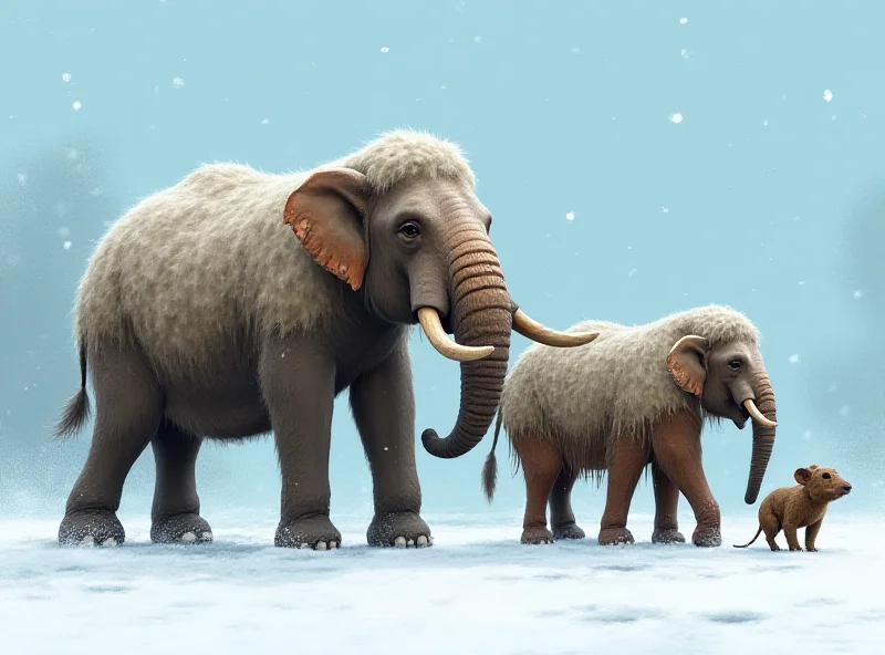 A digital illustration comparing the size and appearance of a woolly mammoth, an Asian elephant, and a small woolly mouse. The animals are standing side-by-side in a snowy landscape, highlighting the differences in their size and features.