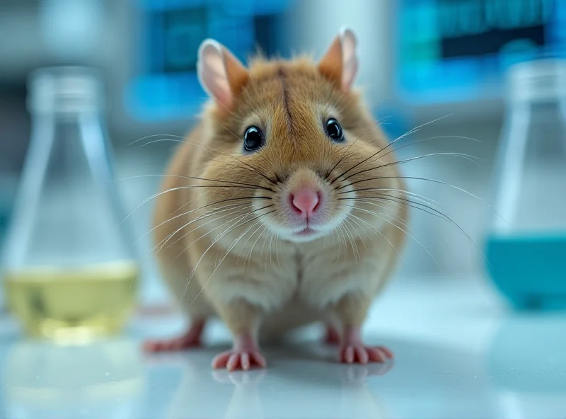 A close-up of a woolly mouse with thick, mammoth-like fur, standing on a lab bench with scientific equipment visible in the background.