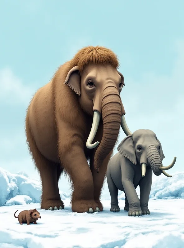 A digital illustration comparing the size and appearance of a woolly mammoth, an Asian elephant, and a woolly mouse.