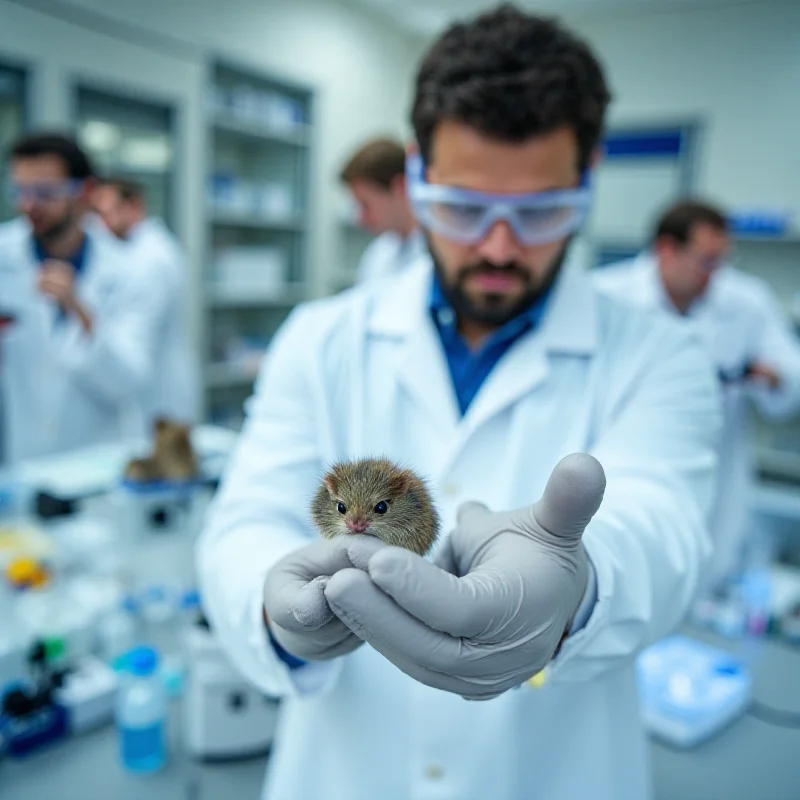 A scientist in a lab coat carefully examining a woolly mouse under a microscope, with other scientists working in the background.