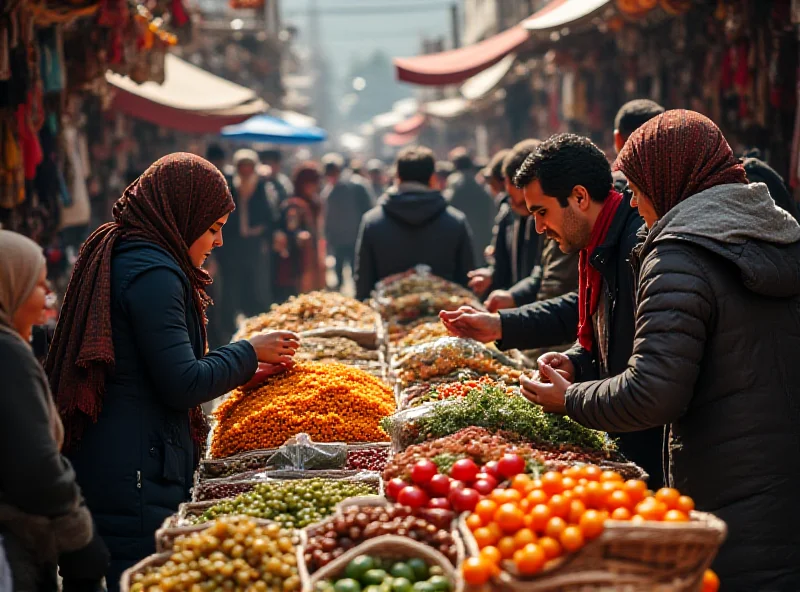 A bustling market scene in Tajikistan, with vendors selling fresh produce and locals shopping, illustrating the economic activity driven by remittances.