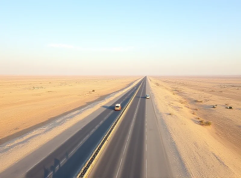 A modern highway in Turkmenistan, showcasing improved transport infrastructure with trucks carrying goods and efficient logistics.