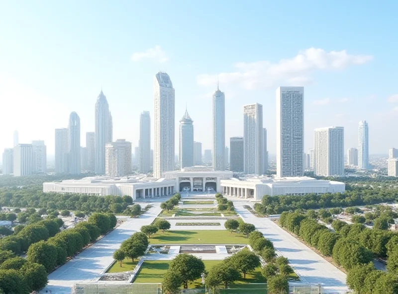 A panoramic view of Ashgabat, Turkmenistan, with modern buildings and infrastructure, representing the country's economic development.