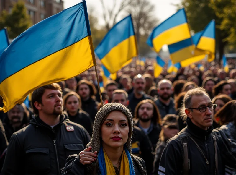 People waving Ukrainian flags at a rally in support of Ukraine.