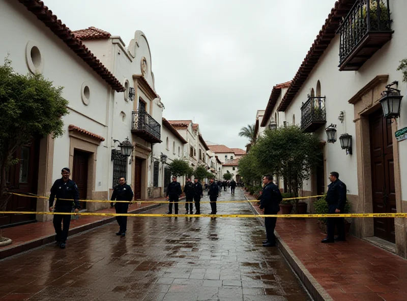 Police surrounding a crime scene with yellow tape in a Spanish town.