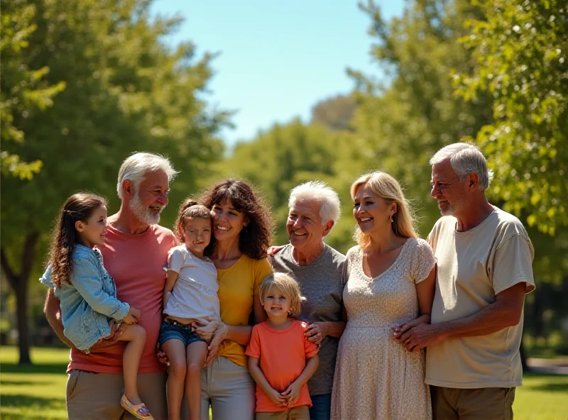 A group of diverse families standing together in a park, laughing and smiling.