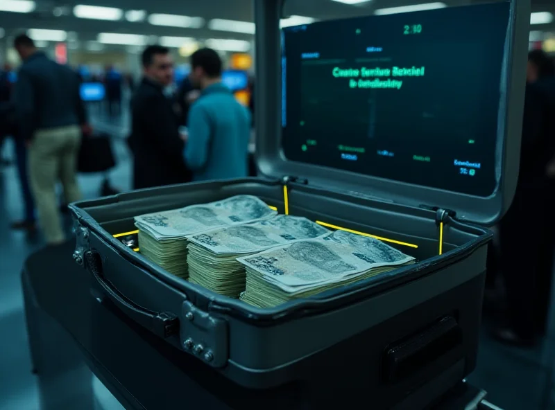 Airport security check with a suitcase being scanned, highlighting the money inside.