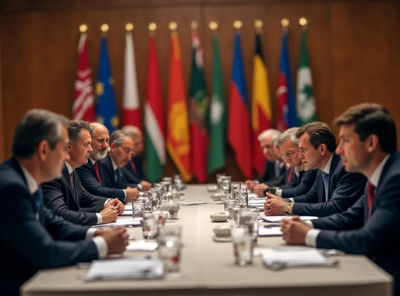 Negotiations at a table with flags in the background