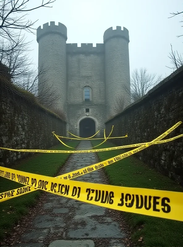 Police cordon tape around a historic castle