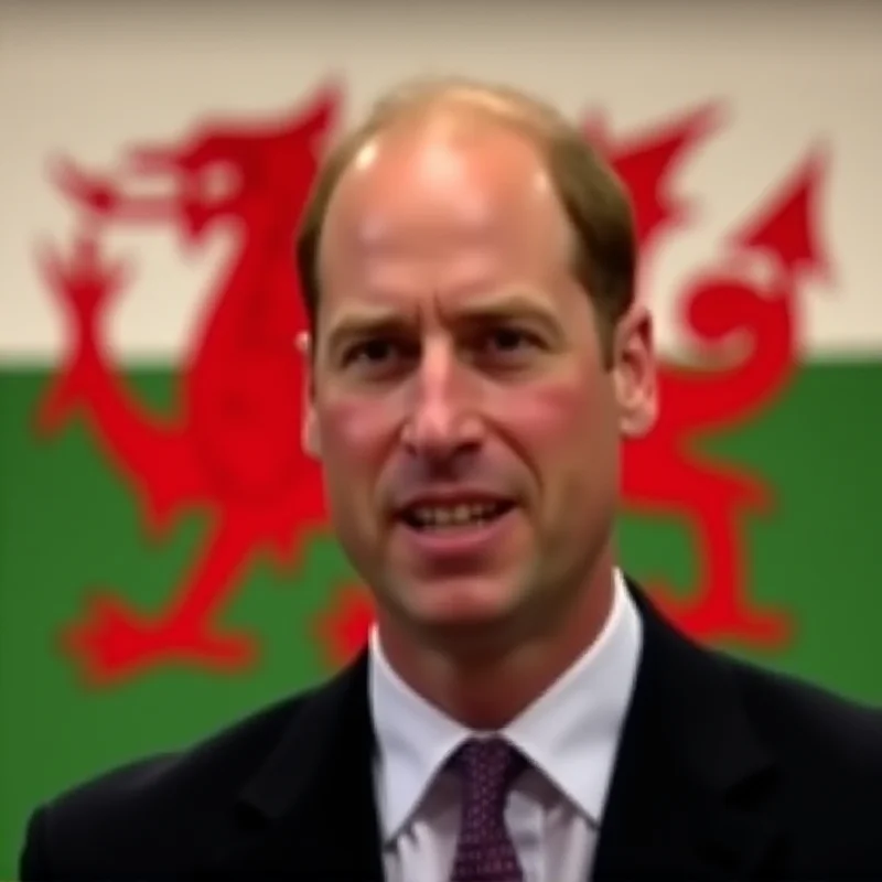 Prince William standing in front of a Welsh flag