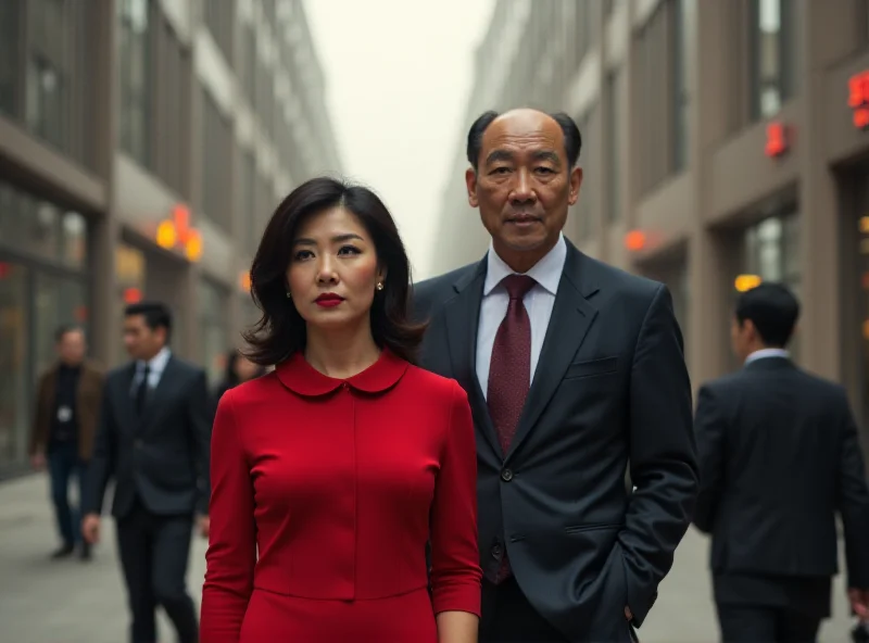 A young Chinese couple stands in front of a modern apartment building, looking concerned. The setting is a bustling urban environment.