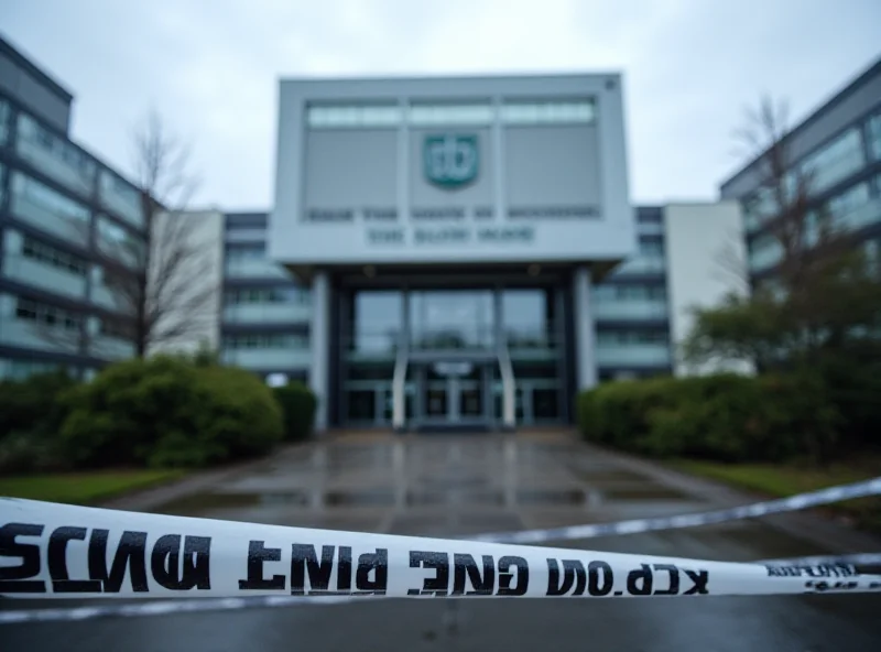 Exterior view of the University of Greater Manchester's main building on a cloudy day. Police tape is subtly visible in the foreground, suggesting an ongoing investigation.