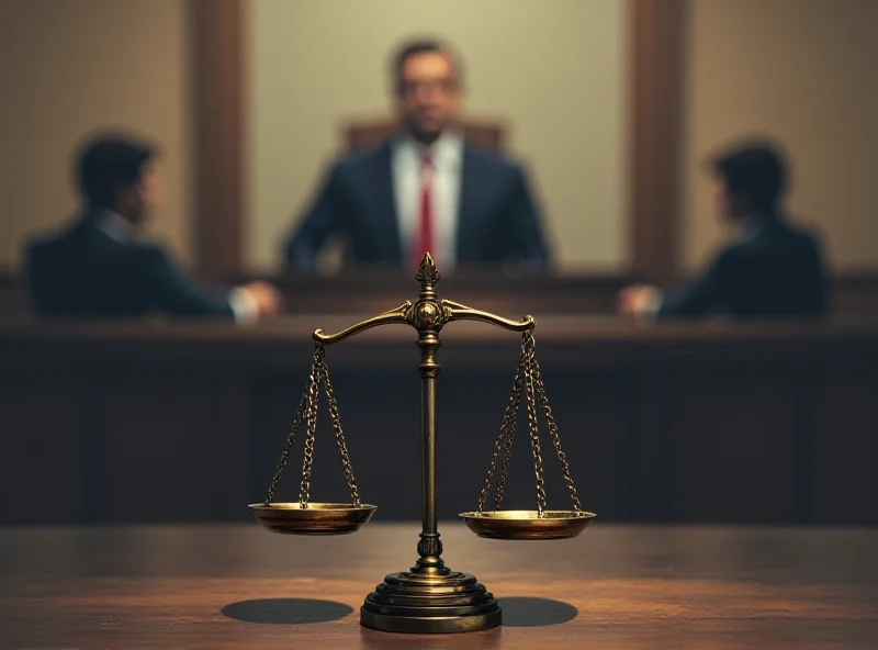 Illustration of a courtroom with figures representing justice and the accused in the background.