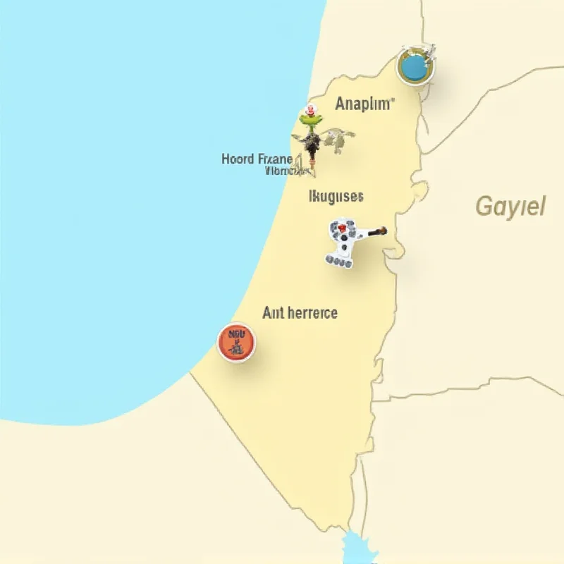 Illustration of a map showing the location of the Gaza Strip and surrounding countries, with aid symbols and text highlighting the humanitarian crisis.