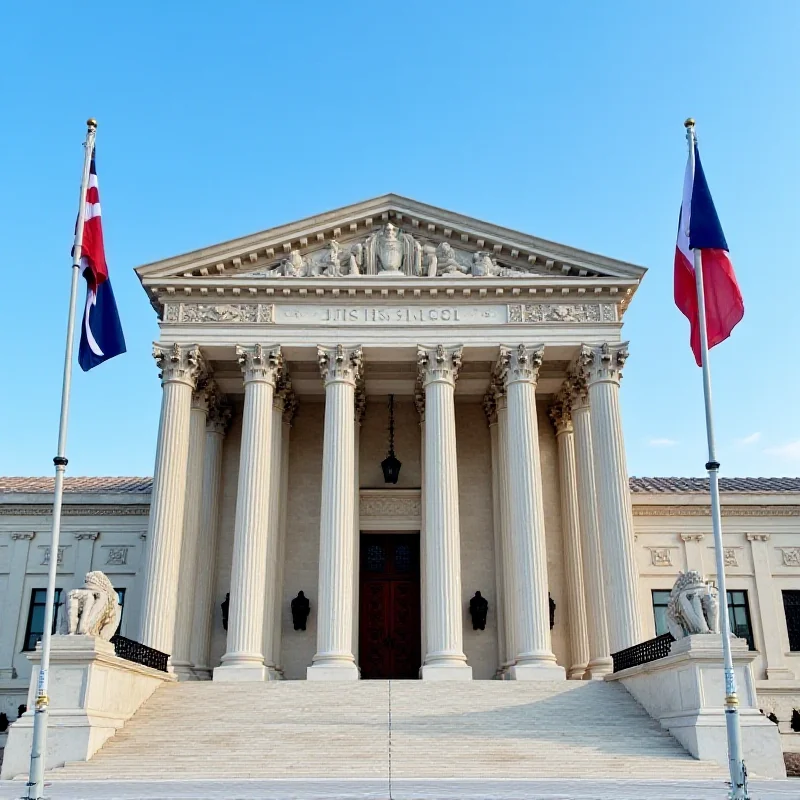 Exterior of a courthouse with flags flying