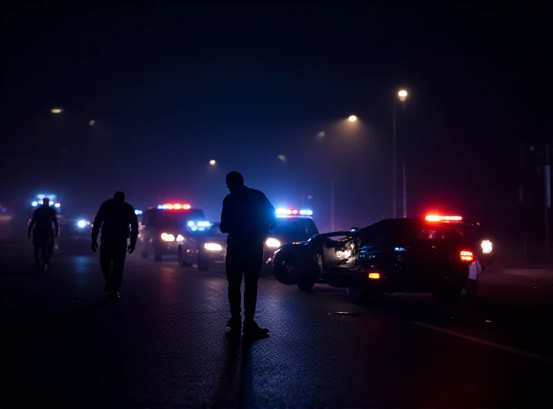 Police cars at the scene of an accident in a city street at night, with flashing lights and blurred figures of officers.