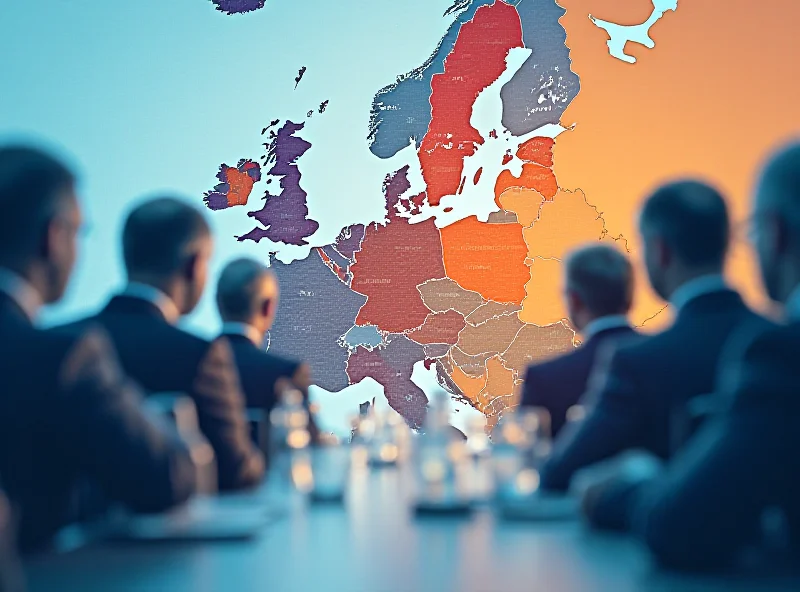 A map of Europe highlighting Ukraine, with a blurred background of political leaders discussing the situation.