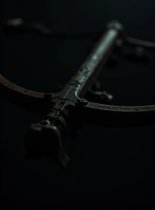 A dramatic image of a crossbow, partially obscured by shadows, with a sense of foreboding.