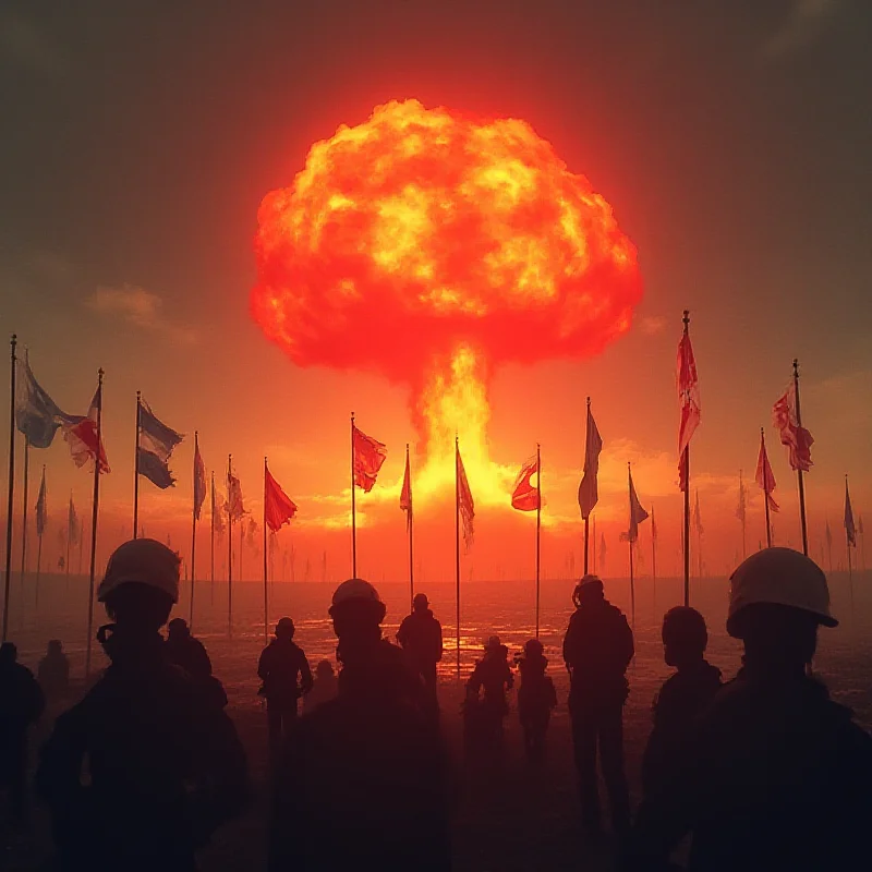 A stylized image of a nuclear explosion, rendered in a dark and ominous tone, with the silhouettes of national flags in the background.