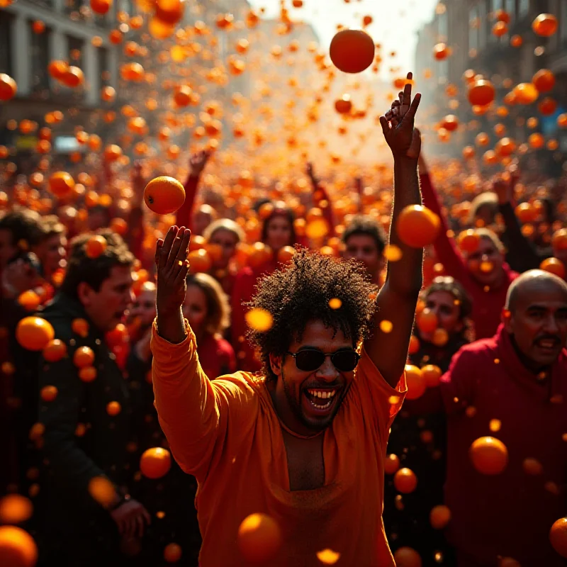 A chaotic scene from the Ivrea Carnival with people throwing oranges, but with a hint of violence in the background.