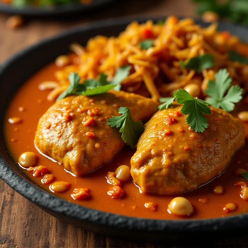 A beautifully plated north Indian chicken curry with a side of Bengali cabbage stir-fry, garnished with cashews and herbs.