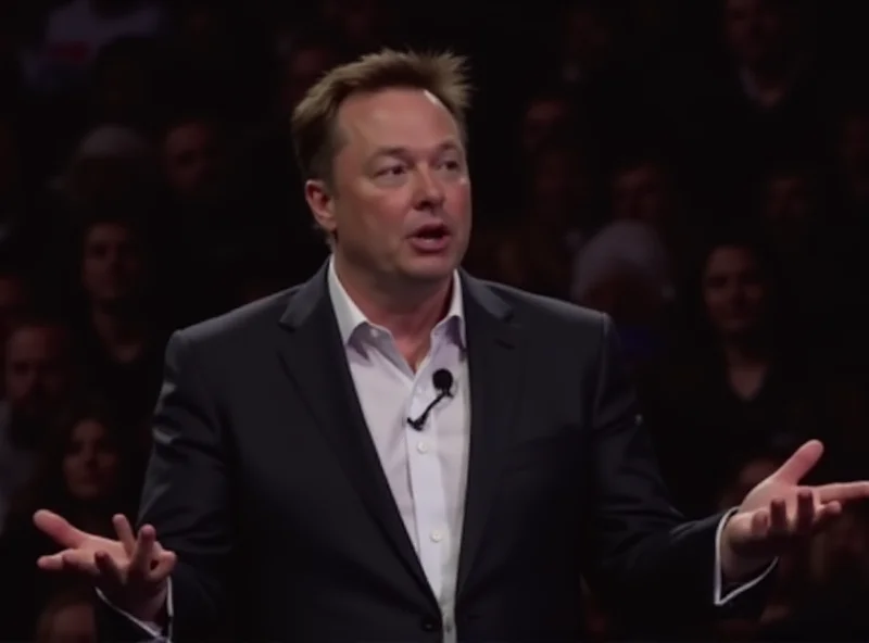 Elon Musk speaking at a conference, looking thoughtful