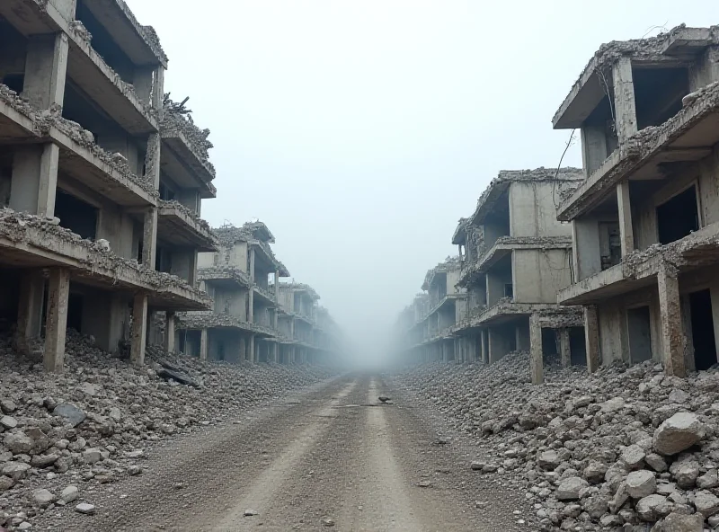 A destroyed street in a Syrian city, with smoke rising in the background