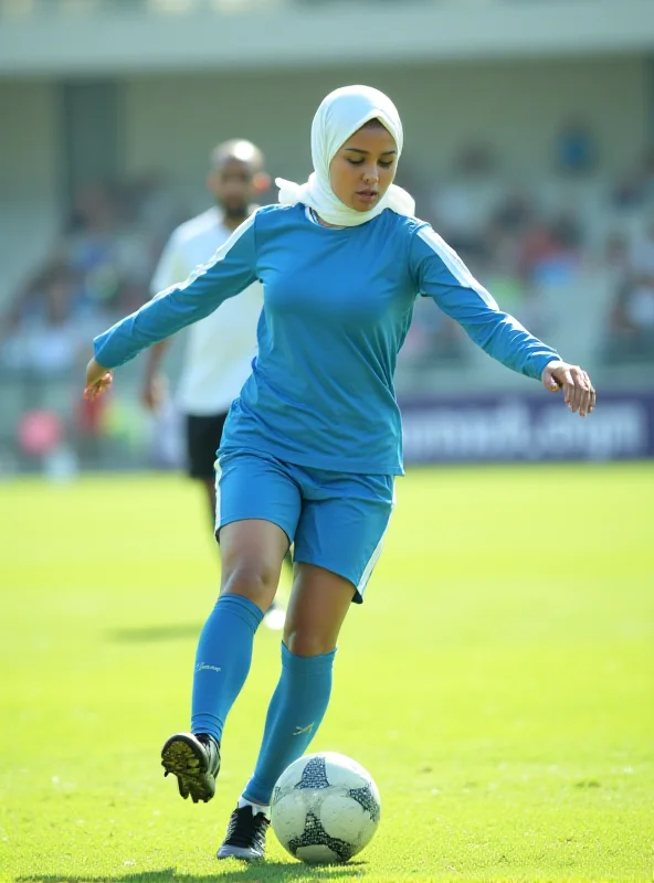 A soccer player wearing a sports hijab playing a match