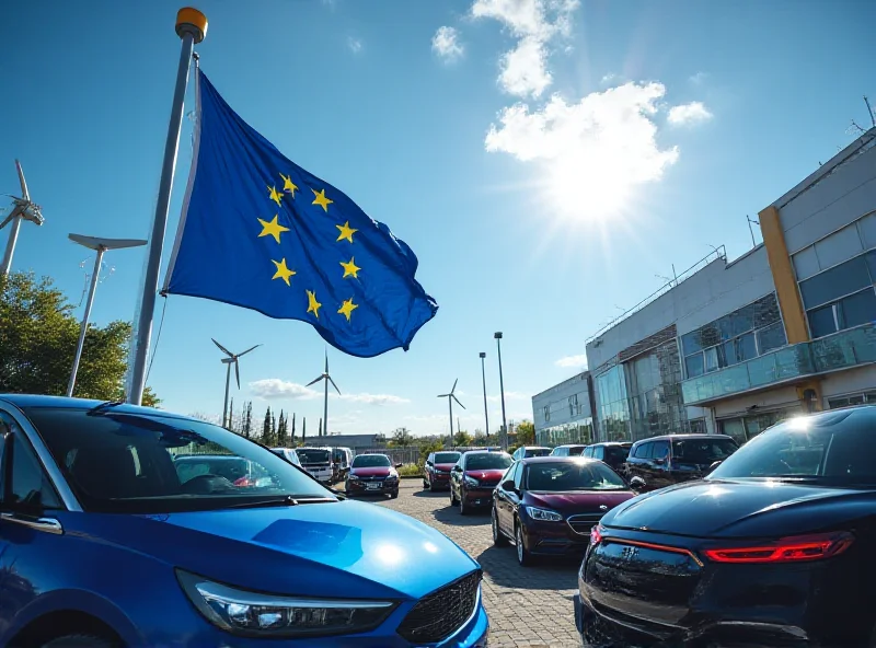 European Union flag waving in front of a modern car factory, showcasing electric vehicles on the assembly line.