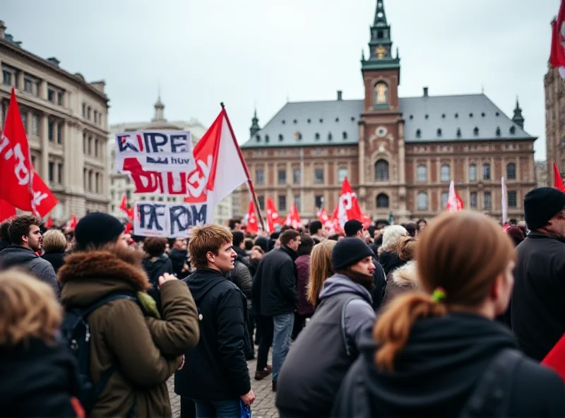 A crowd of people gathered in a public square in Hamburg, Germany, holding signs and banners during an election rally. The Hamburg Rathaus (city hall) is visible in the background.