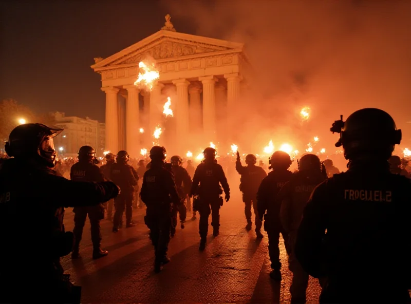 A nighttime scene in Athens, Greece, showing riot police in full gear facing a crowd of protesters. Smoke fills the air, and Molotov cocktails are visible in the foreground.