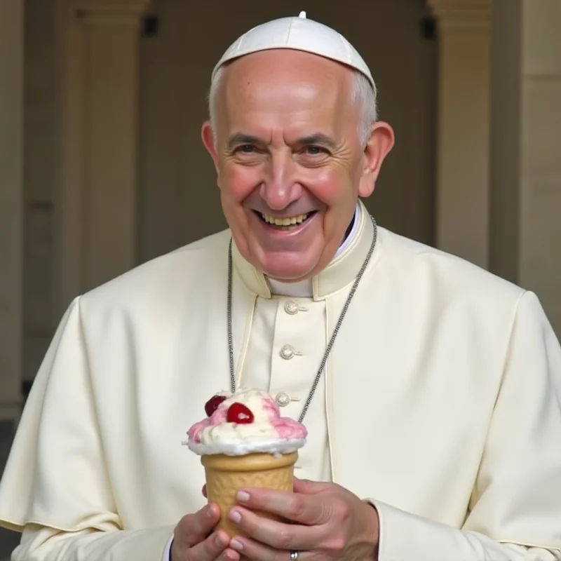 Pope Francis smiling warmly, holding a small container of ice cream.