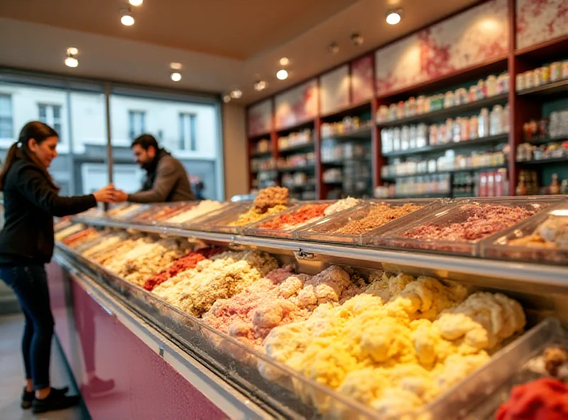 A brightly lit ice cream parlor in Vatican City, with a variety of flavors on display.