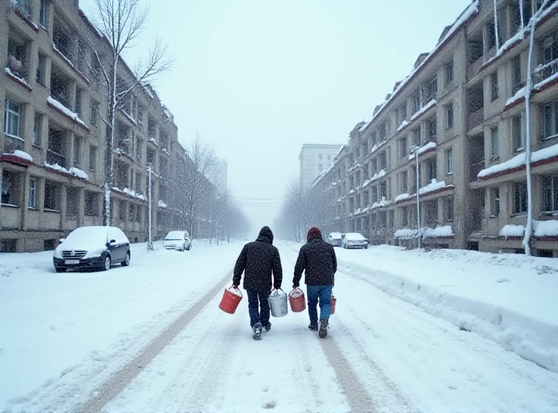 A desolate winter scene in Donetsk, showing snow-covered buildings and a person carrying buckets.