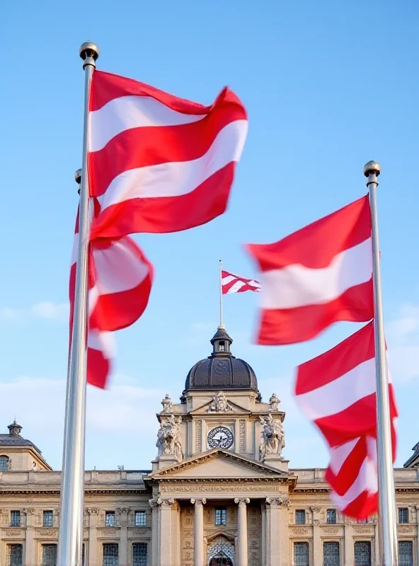 A photograph depicting the flags of Austria waving in front of the Austrian Parliament building in Vienna