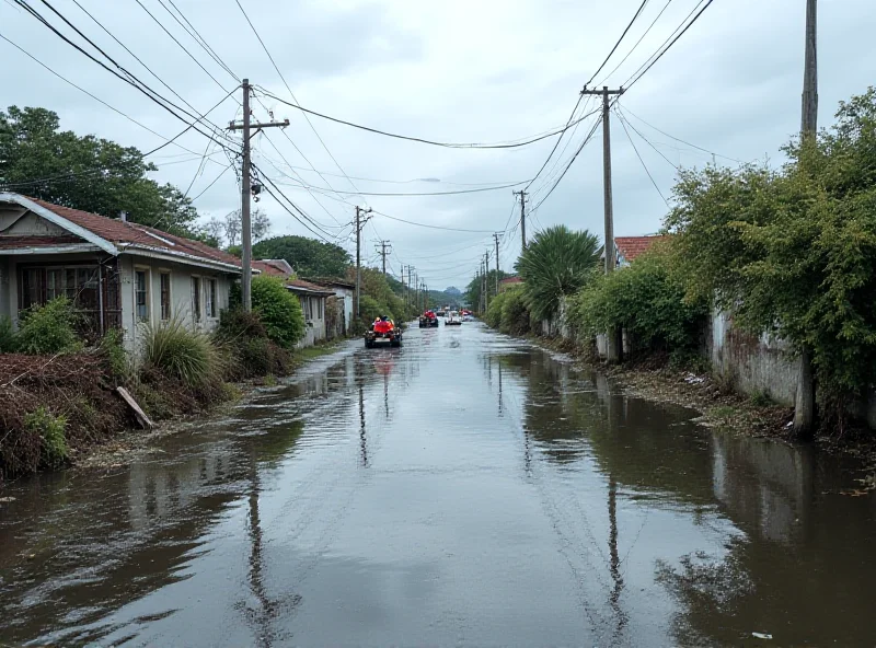 A flooded street scene in La Réunion after Cyclone Garance, with debris and damaged infrastructure visible.