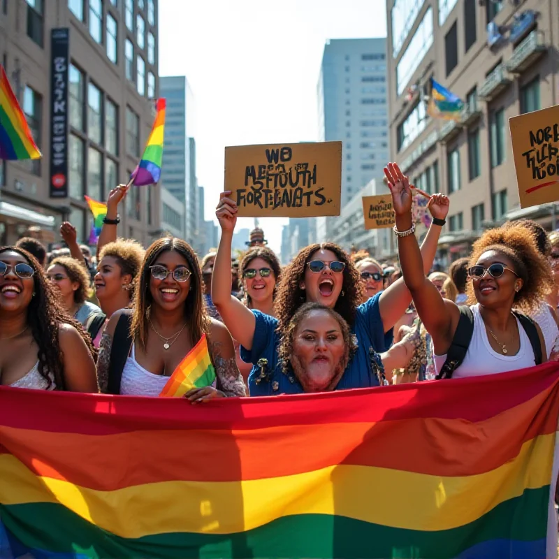 A diverse group of people marching in a South African Pride parade, holding rainbow flags and signs advocating for LGBT+ rights.