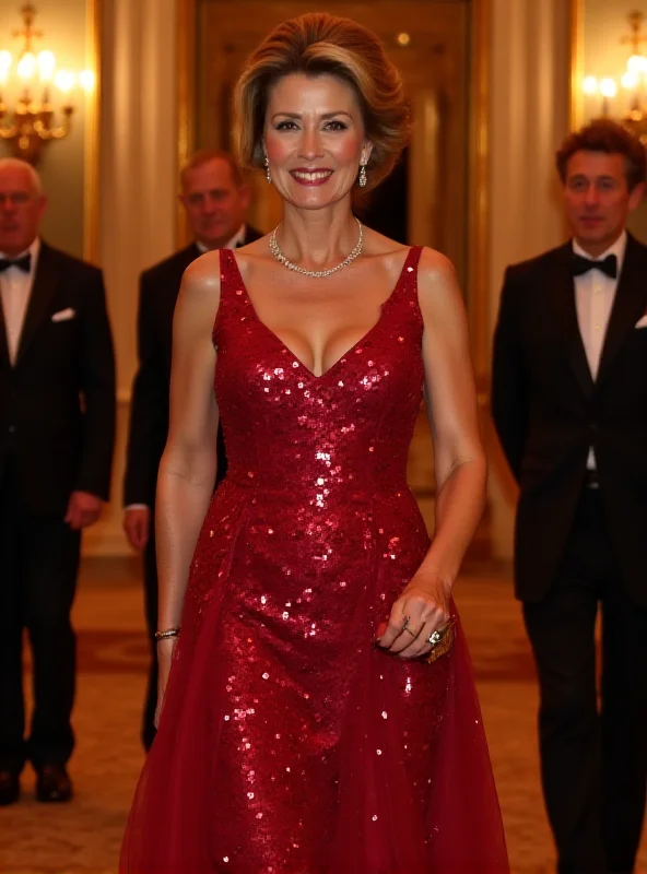 Queen Maxima wearing a ruby gown attending a state banquet.