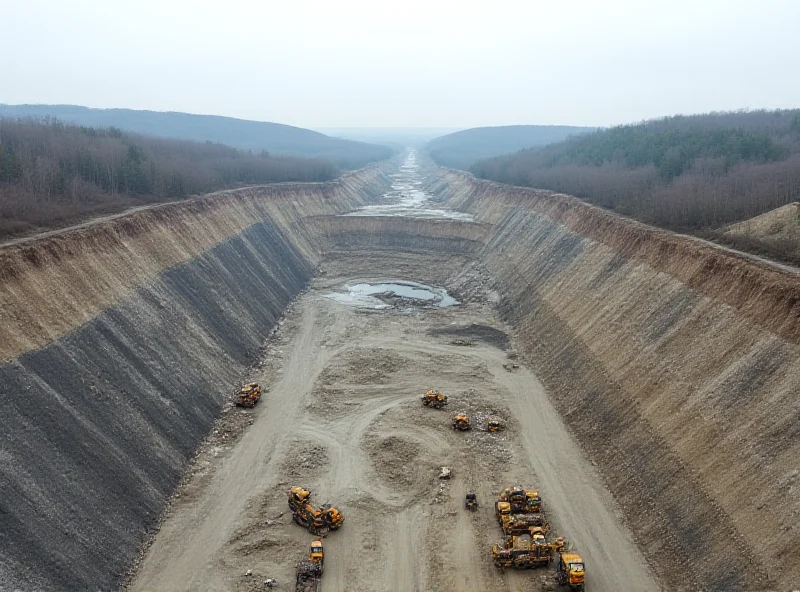 Aerial view of a large mining operation in Ukraine, showing open-pit mines and industrial equipment against a backdrop of rolling hills.