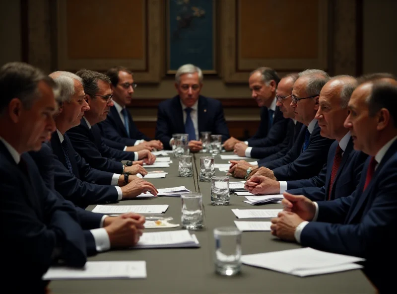 A serious politician addressing a crowd of other politicians at a long table, all looking concerned.