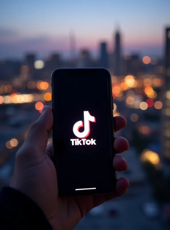 Close-up of a smartphone displaying the TikTok logo on its screen against a blurred background of a city street.