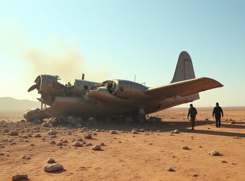 Wreckage of a military plane in a desert landscape