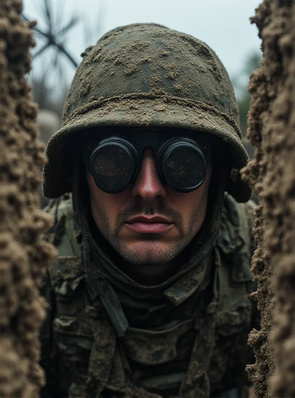 A Ukrainian soldier using binoculars in a trench on the front lines.